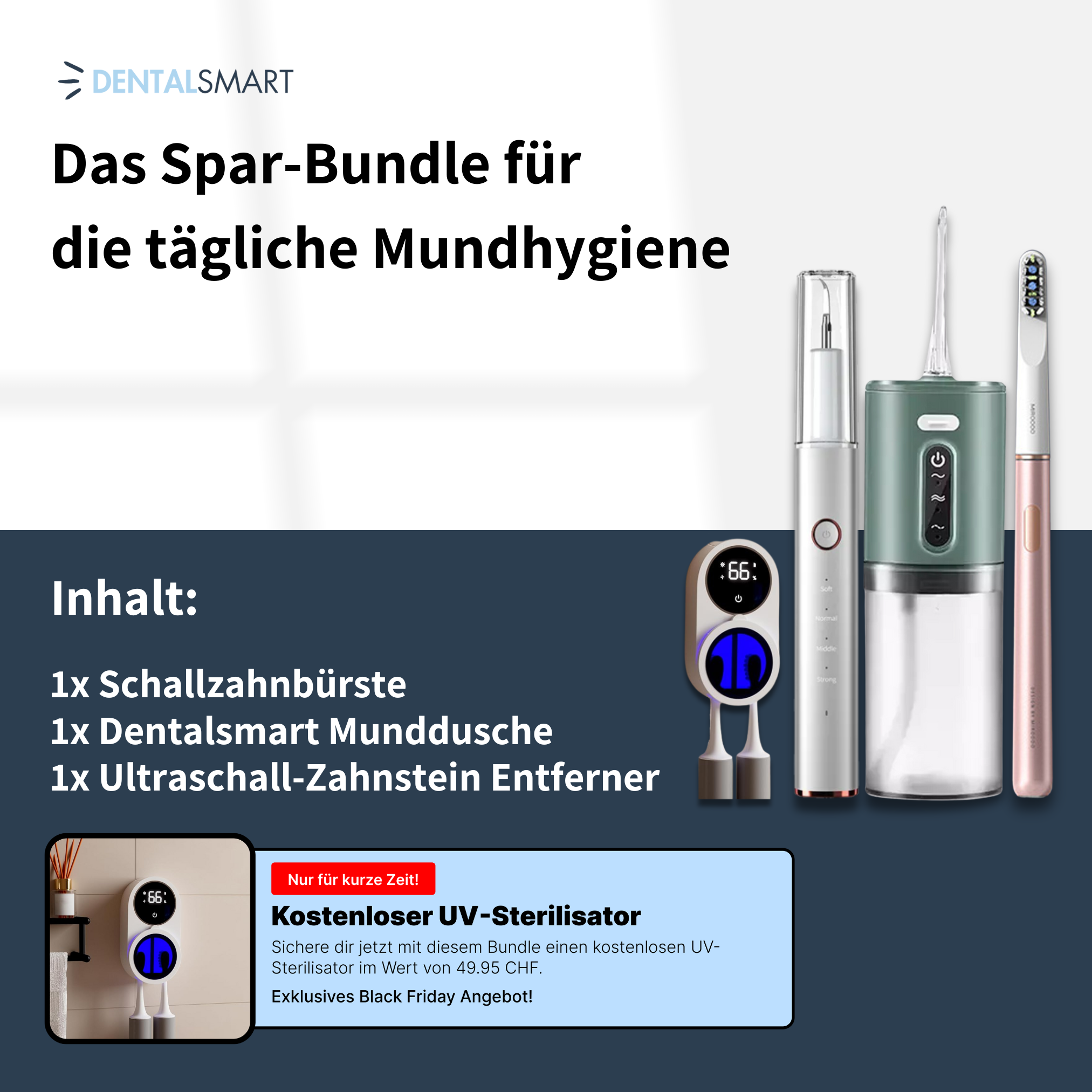 Komplettes Mundhygiene-Bundle mit Zahnbürste, Munddusche, Zahnsteinentferner und UV-Sterilisator