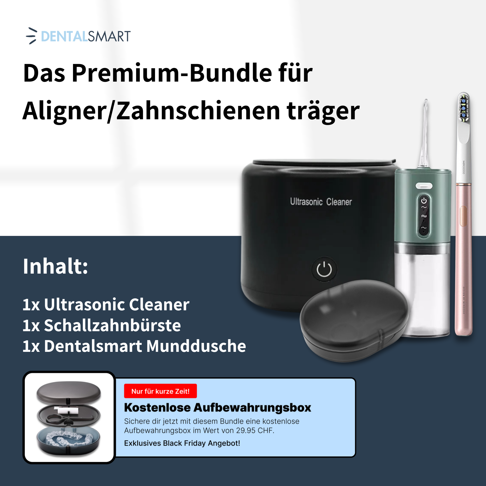 Premium-Bundle für Aligner- und Zahnschienenträger mit Ultraschallreiniger, Schallzahnbürste und Munddusche