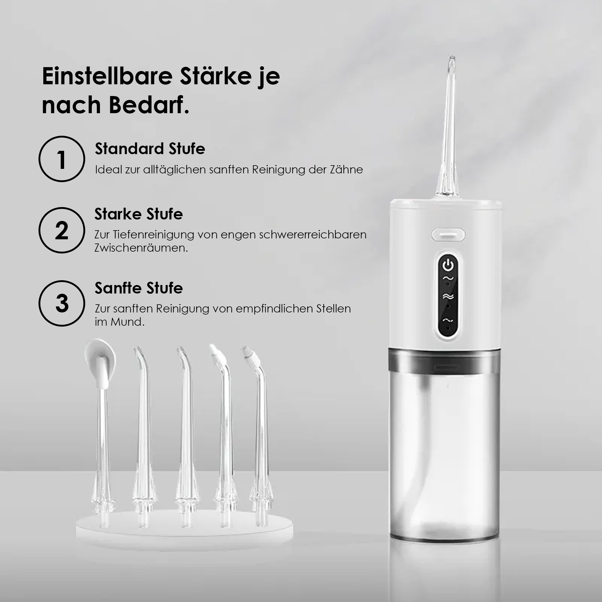 Dentalsmart Munddusche mit einstellbaren Reinigungsstufen und Zubehör